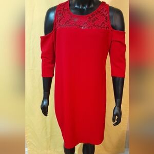 Red Sheath Dress with Cuffed Long Sleeves and Bateau Neckline